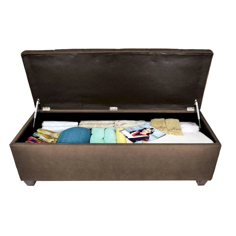 Diamond Tufted Storage Bench with Hydraulic Lift - Linen Upholstered Ottoman with Espresso Wood Legs, Versatile Seating & Storage