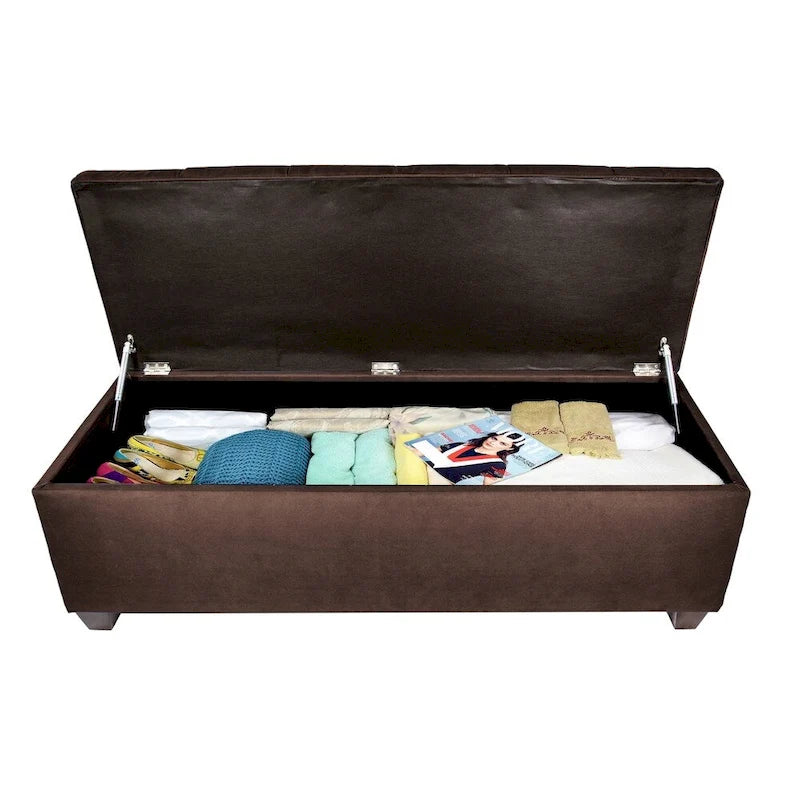 Diamond Tufted Storage Bench with Hydraulic Lift - Linen Upholstered Ottoman with Espresso Wood Legs, Versatile Seating & Storage
