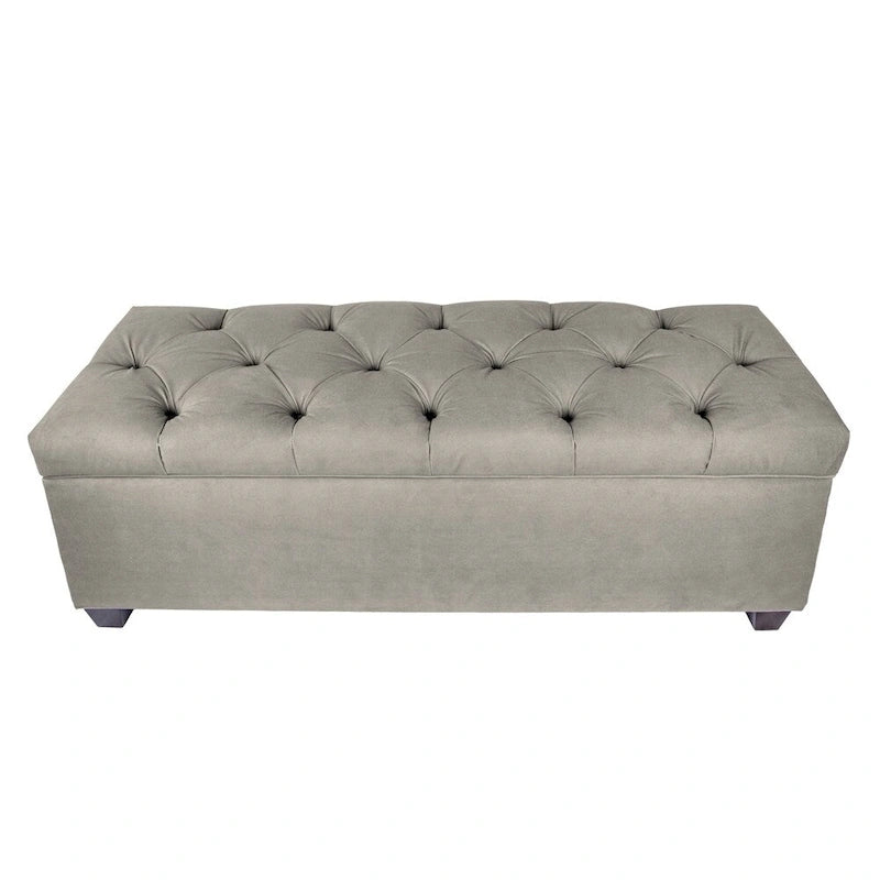 Diamond Tufted Storage Bench with Hydraulic Lift - Linen Upholstered Ottoman with Espresso Wood Legs, Versatile Seating & Storage