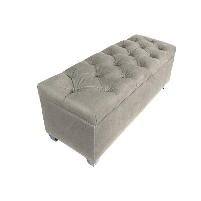 Diamond Tufted Storage Bench with Hydraulic Lift - Linen Upholstered Ottoman with Espresso Wood Legs, Versatile Seating & Storage