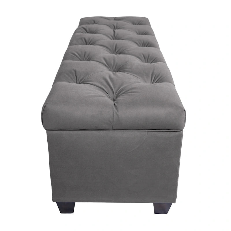 Diamond Tufted Storage Bench with Hydraulic Lift - Linen Upholstered Ottoman with Espresso Wood Legs, Versatile Seating & Storage