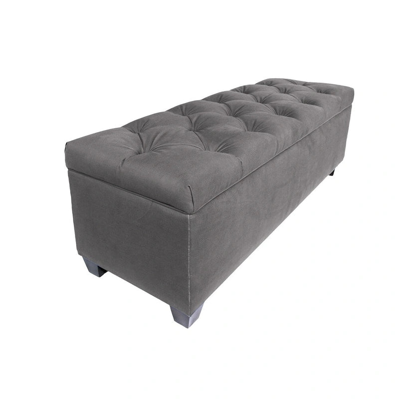 Diamond Tufted Storage Bench with Hydraulic Lift - Linen Upholstered Ottoman with Espresso Wood Legs, Versatile Seating & Storage