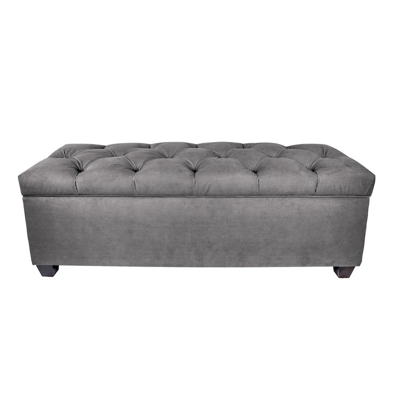 Diamond Tufted Storage Bench with Hydraulic Lift - Linen Upholstered Ottoman with Espresso Wood Legs, Versatile Seating & Storage