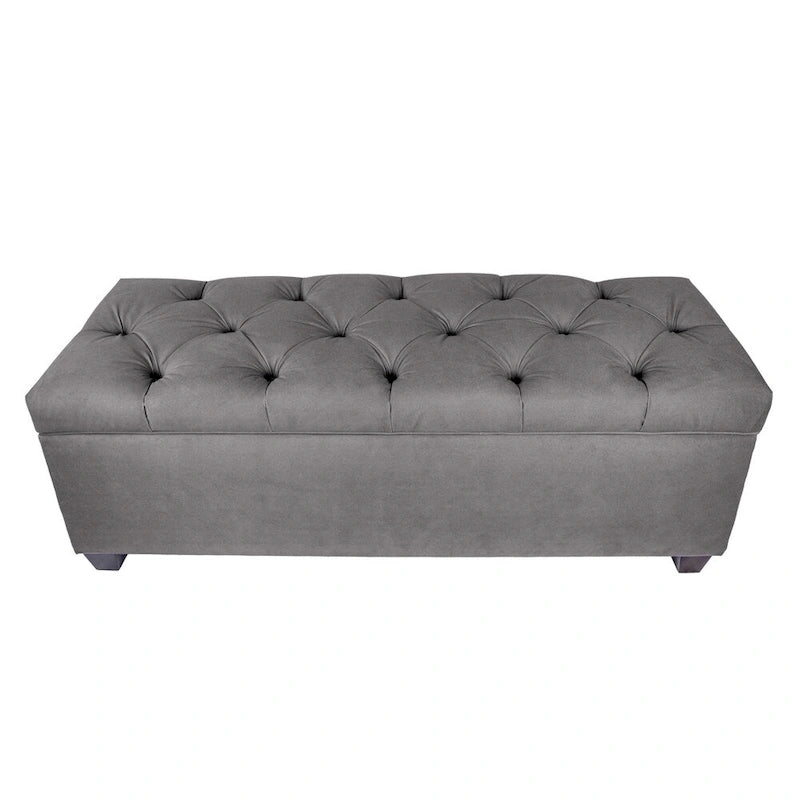 Diamond Tufted Storage Bench with Hydraulic Lift - Linen Upholstered Ottoman with Espresso Wood Legs, Versatile Seating & Storage