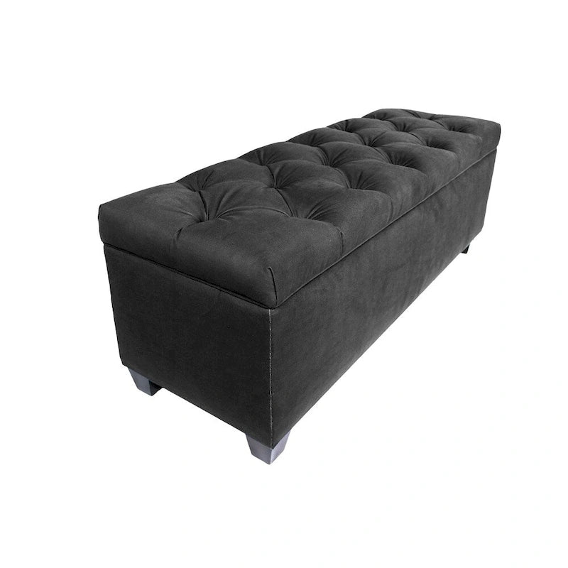 Diamond Tufted Storage Bench with Hydraulic Lift - Linen Upholstered Ottoman with Espresso Wood Legs, Versatile Seating & Storage