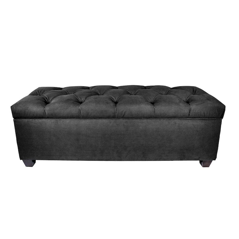 Diamond Tufted Storage Bench with Hydraulic Lift - Linen Upholstered Ottoman with Espresso Wood Legs, Versatile Seating & Storage