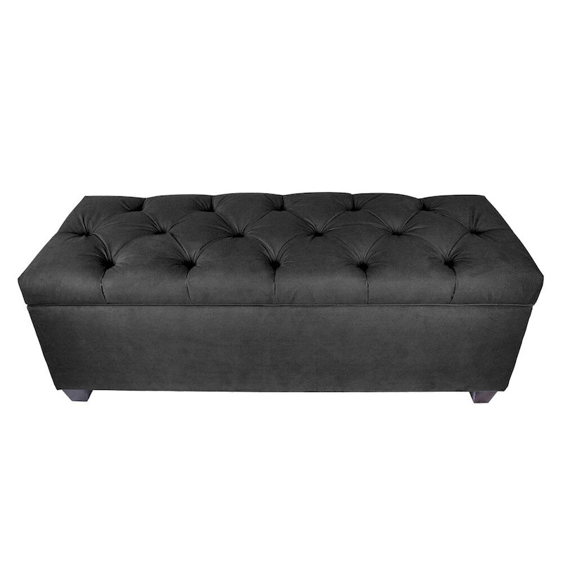 Diamond Tufted Storage Bench with Hydraulic Lift - Linen Upholstered Ottoman with Espresso Wood Legs, Versatile Seating & Storage