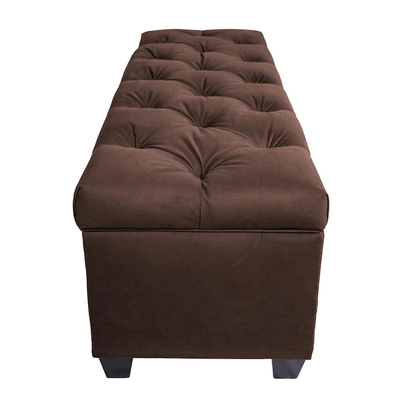 Diamond Tufted Storage Bench with Hydraulic Lift - Linen Upholstered Ottoman with Espresso Wood Legs, Versatile Seating & Storage