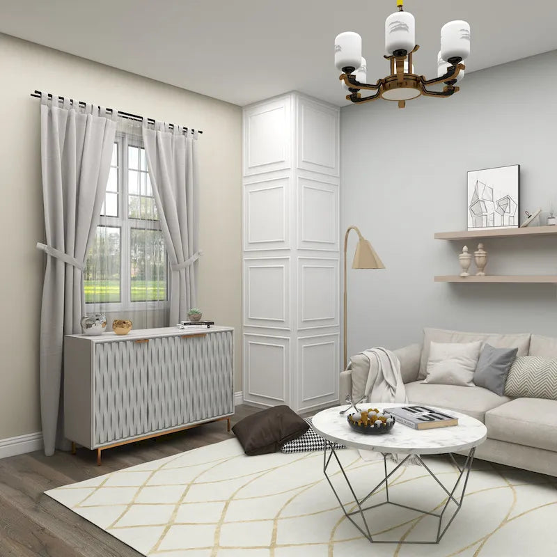 47" White Wood Contemporary Cabinet with 3 Doors Gold Metal Accents L-Shaped Handles Magnetic Closure MDF Storage 100lbs Capacity Modern