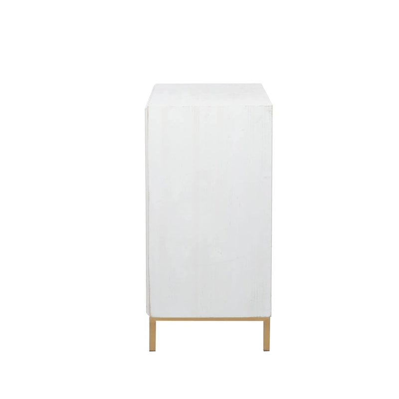 47" White Wood Contemporary Cabinet with 3 Doors Gold Metal Accents L-Shaped Handles Magnetic Closure MDF Storage 100lbs Capacity Modern