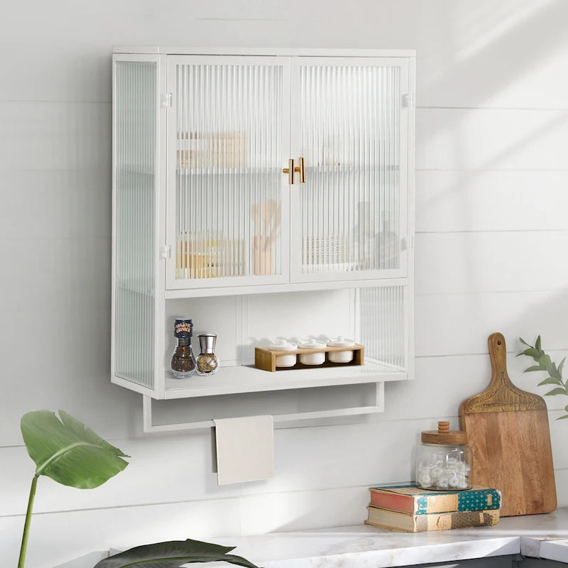 Modern White Wall Cabinet 2 Fluted Glass Doors 2-Tier Storage Iron Frame Towel Rack 23.62" Minimalist