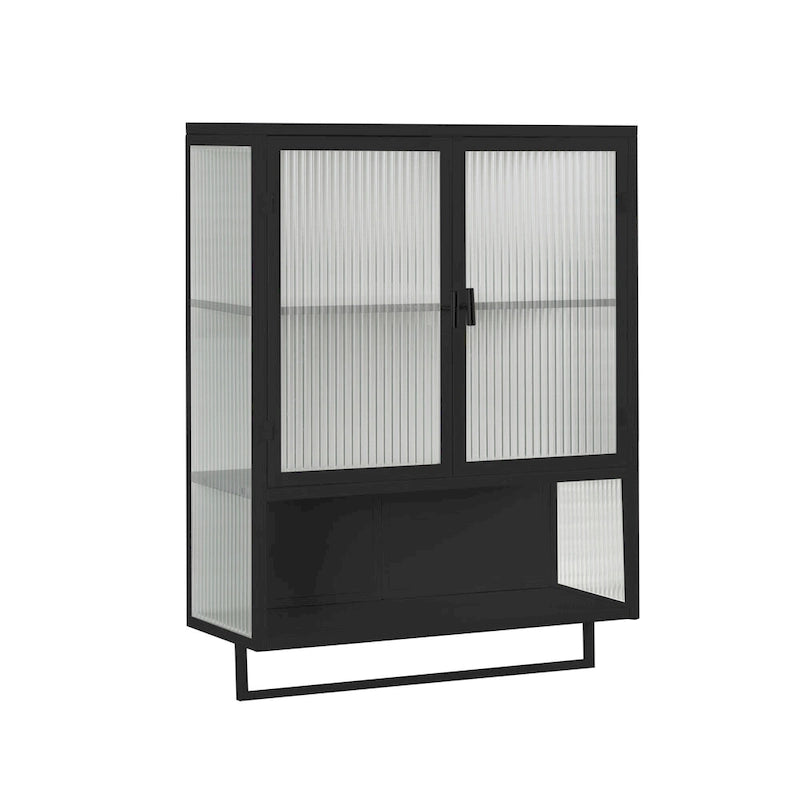 Modern White Wall Cabinet 2 Fluted Glass Doors 2-Tier Storage Iron Frame Towel Rack 23.62" Minimalist