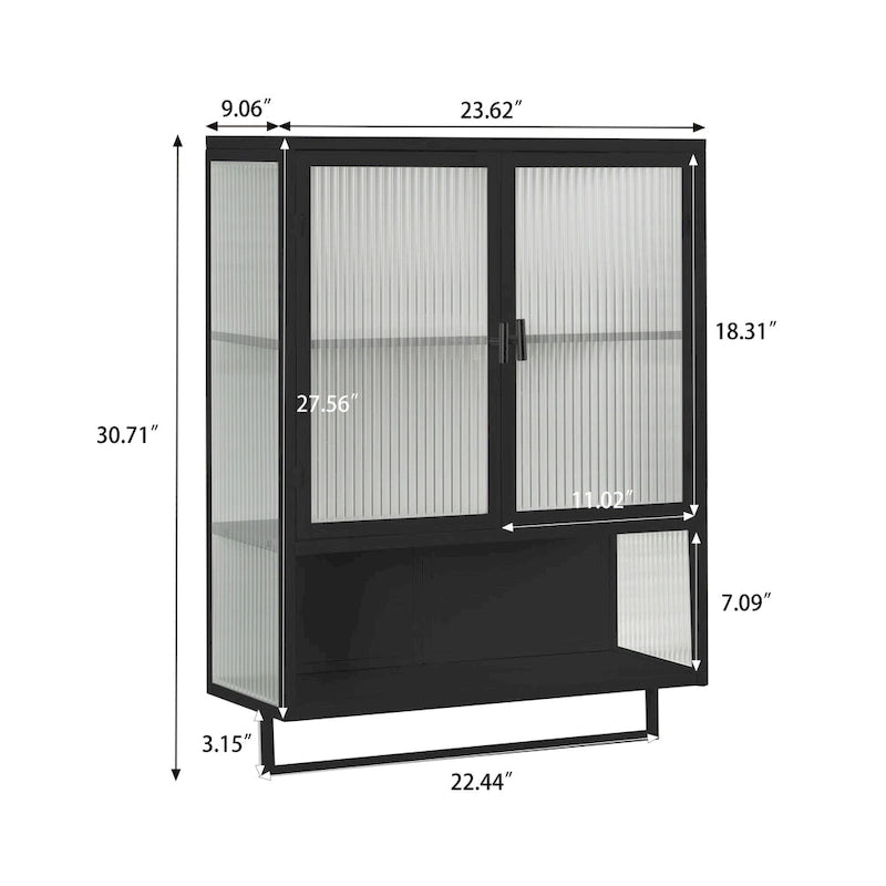 Modern White Wall Cabinet 2 Fluted Glass Doors 2-Tier Storage Iron Frame Towel Rack 23.62" Minimalist
