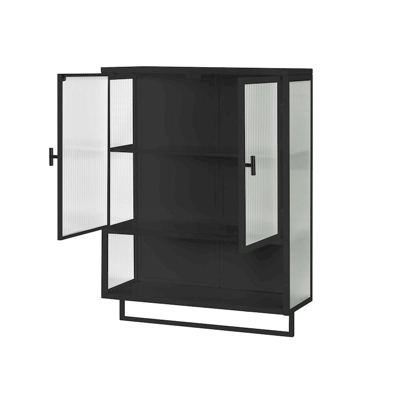 Modern White Wall Cabinet 2 Fluted Glass Doors 2-Tier Storage Iron Frame Towel Rack 23.62" Minimalist