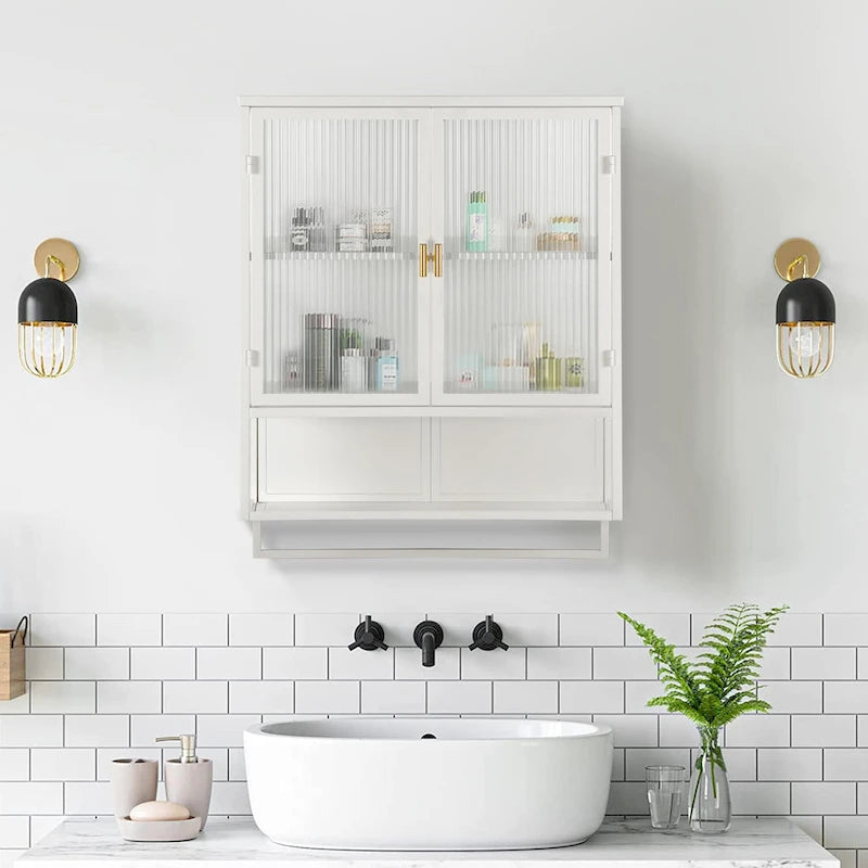 Modern White Wall Cabinet 2 Fluted Glass Doors 2-Tier Storage Iron Frame Towel Rack 23.62" Minimalist