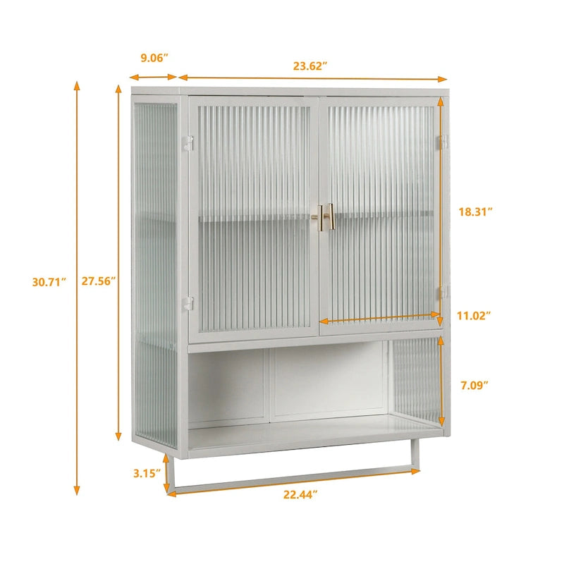 Modern White Wall Cabinet 2 Fluted Glass Doors 2-Tier Storage Iron Frame Towel Rack 23.62" Minimalist