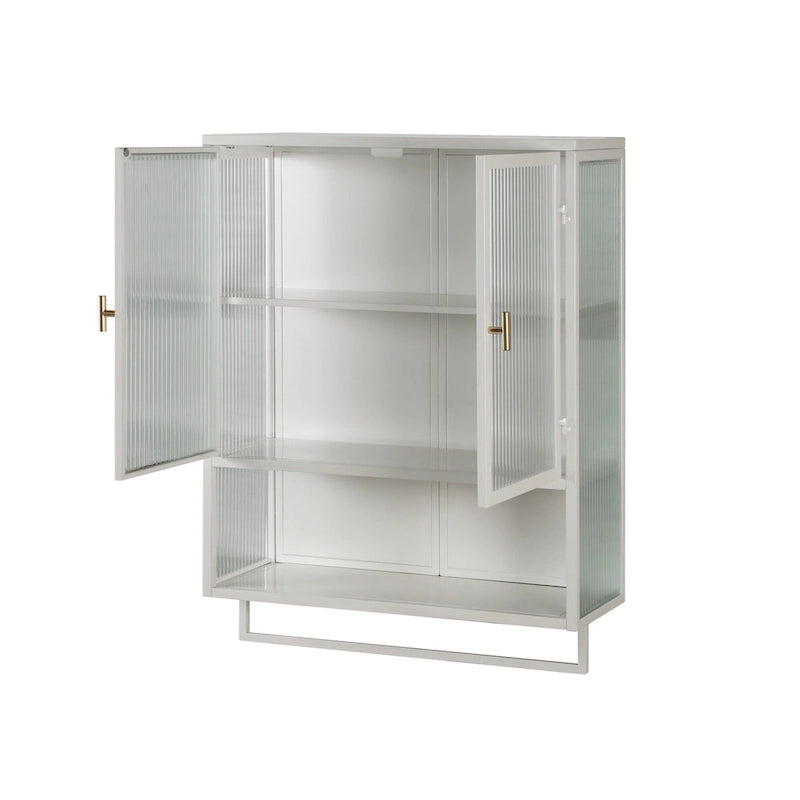Modern White Wall Cabinet 2 Fluted Glass Doors 2-Tier Storage Iron Frame Towel Rack 23.62" Minimalist