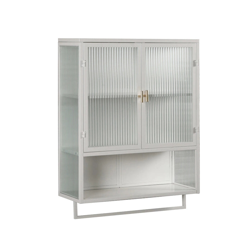 Modern White Wall Cabinet 2 Fluted Glass Doors 2-Tier Storage Iron Frame Towel Rack 23.62" Minimalist