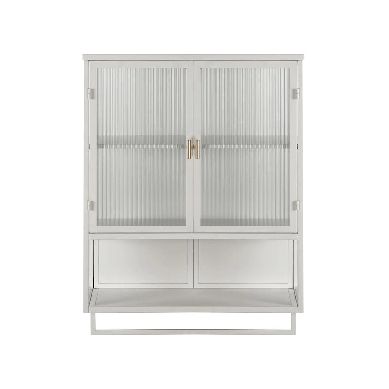 Modern White Wall Cabinet 2 Fluted Glass Doors 2-Tier Storage Iron Frame Towel Rack 23.62" Minimalist