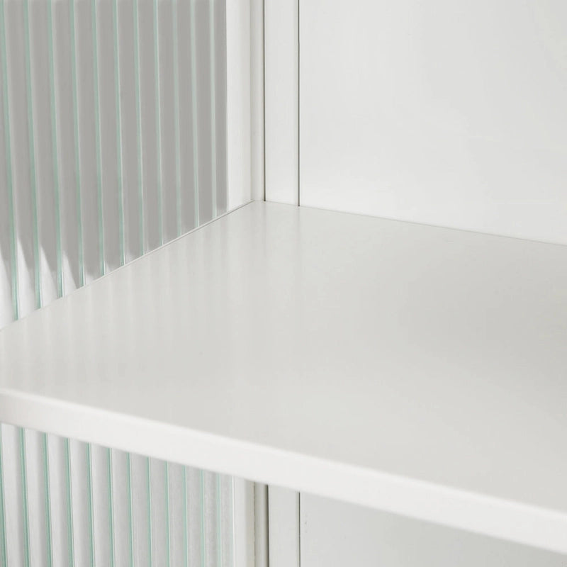 Modern White Wall Cabinet 2 Fluted Glass Doors 2-Tier Storage Iron Frame Towel Rack 23.62" Minimalist