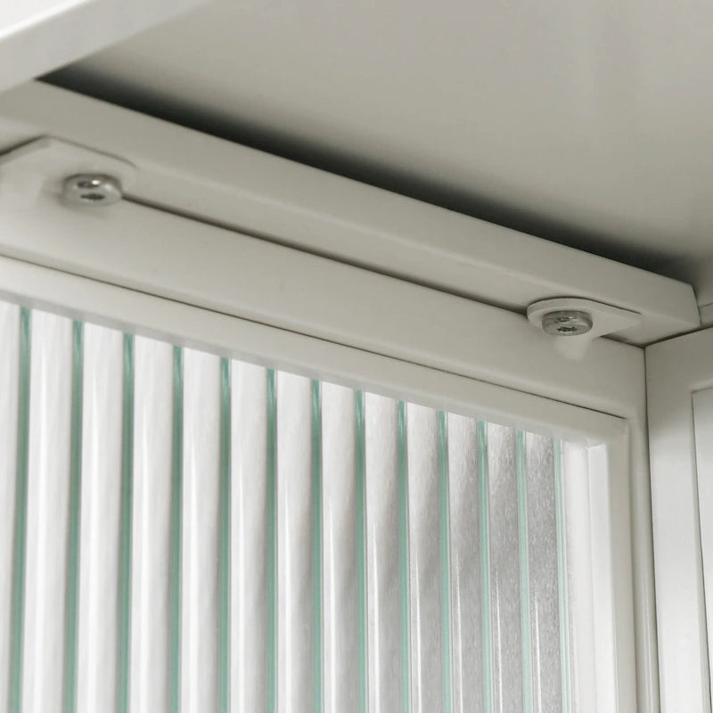 Modern White Wall Cabinet 2 Fluted Glass Doors 2-Tier Storage Iron Frame Towel Rack 23.62" Minimalist