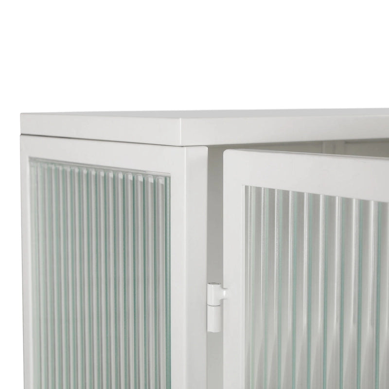 Modern White Wall Cabinet 2 Fluted Glass Doors 2-Tier Storage Iron Frame Towel Rack 23.62" Minimalist