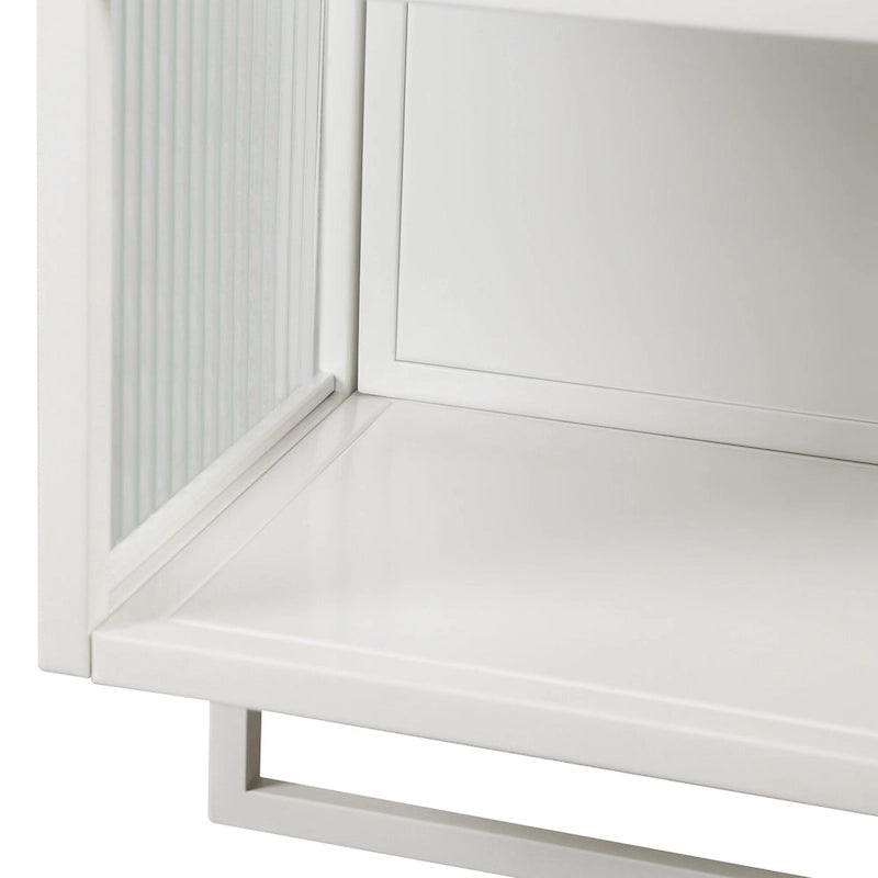 Modern White Wall Cabinet 2 Fluted Glass Doors 2-Tier Storage Iron Frame Towel Rack 23.62" Minimalist