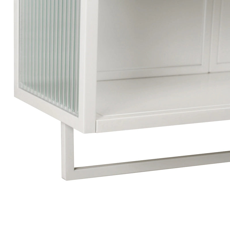 Modern White Wall Cabinet 2 Fluted Glass Doors 2-Tier Storage Iron Frame Towel Rack 23.62" Minimalist
