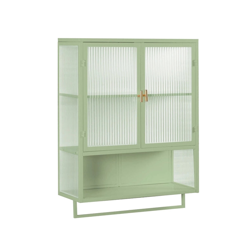Modern White Wall Cabinet 2 Fluted Glass Doors 2-Tier Storage Iron Frame Towel Rack 23.62" Minimalist