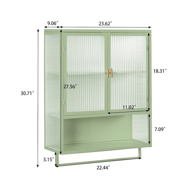 Modern White Wall Cabinet 2 Fluted Glass Doors 2-Tier Storage Iron Frame Towel Rack 23.62" Minimalist