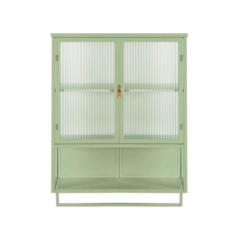 Modern White Wall Cabinet 2 Fluted Glass Doors 2-Tier Storage Iron Frame Towel Rack 23.62" Minimalist