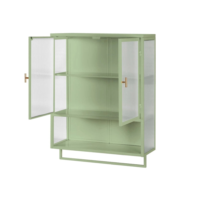 Modern White Wall Cabinet 2 Fluted Glass Doors 2-Tier Storage Iron Frame Towel Rack 23.62" Minimalist