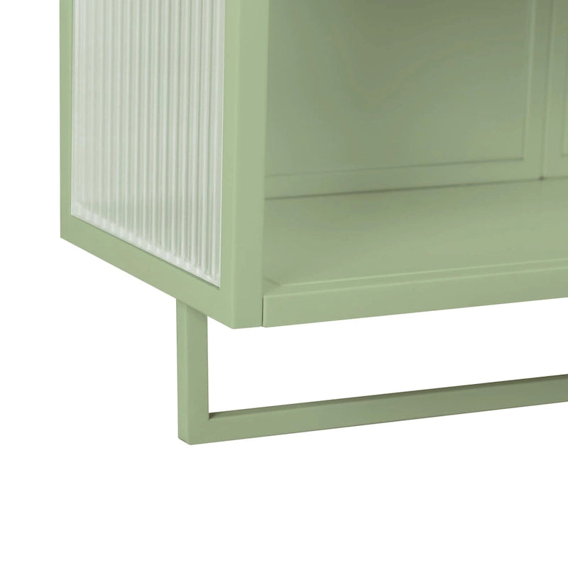Modern White Wall Cabinet 2 Fluted Glass Doors 2-Tier Storage Iron Frame Towel Rack 23.62" Minimalist