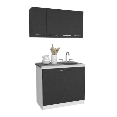 2-Piece Kitchen Set - Utility Sink Cabinet 39"W & Wall Cabinet 47"W, Stainless Steel Top, Black/White with Dish Rack & Storage