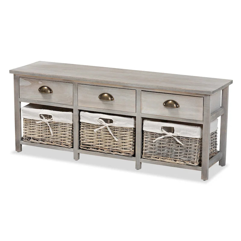 42" Storage Bench - 3 Drawers 3 Wicker Baskets - Paulownia Wood - Fully Assembled - Entryway Organizer - Natural Brown Grey