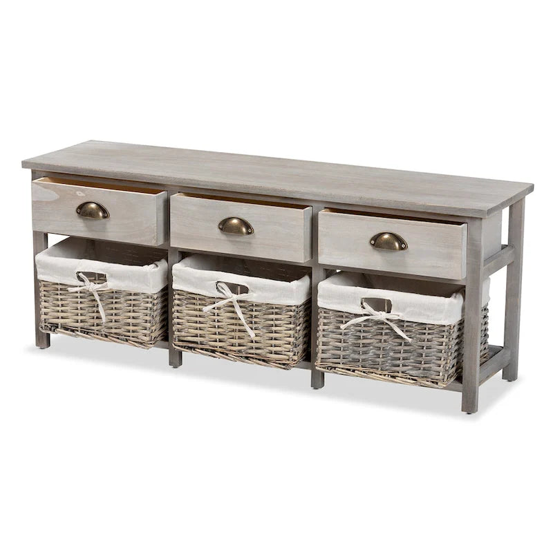 42" Storage Bench - 3 Drawers 3 Wicker Baskets - Paulownia Wood - Fully Assembled - Entryway Organizer - Natural Brown Grey