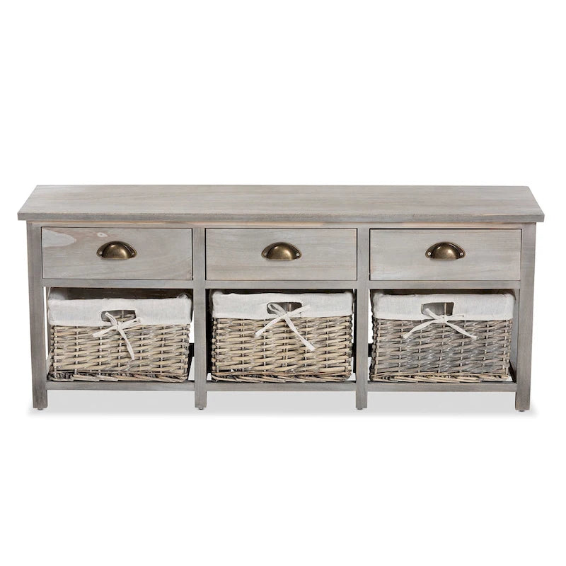 42" Storage Bench - 3 Drawers 3 Wicker Baskets - Paulownia Wood - Fully Assembled - Entryway Organizer - Natural Brown Grey