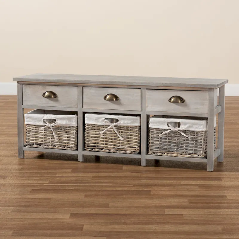 42" Storage Bench - 3 Drawers 3 Wicker Baskets - Paulownia Wood - Fully Assembled - Entryway Organizer - Natural Brown Grey