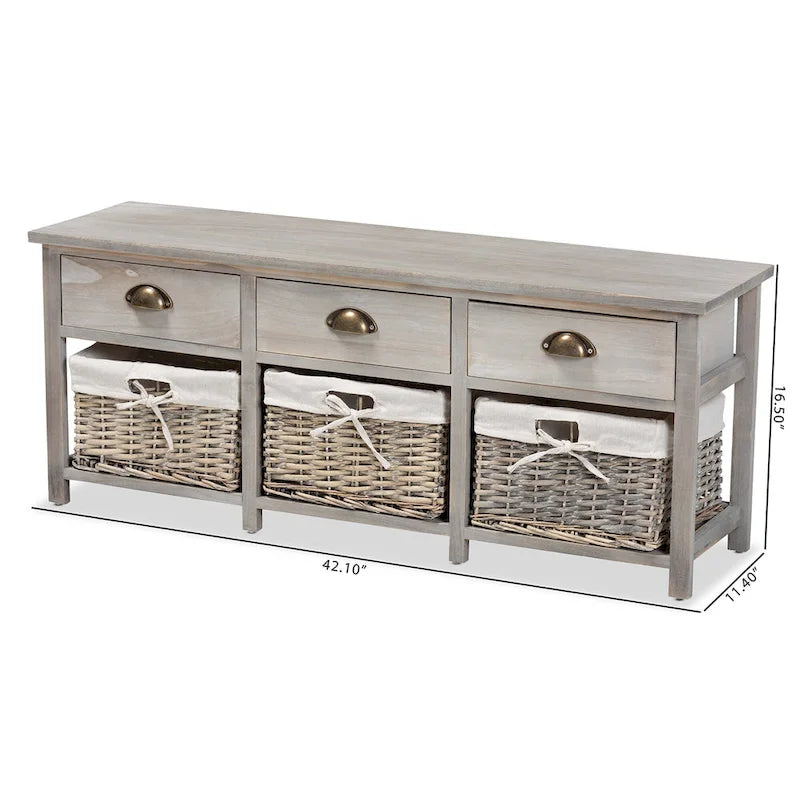 42" Storage Bench - 3 Drawers 3 Wicker Baskets - Paulownia Wood - Fully Assembled - Entryway Organizer - Natural Brown Grey