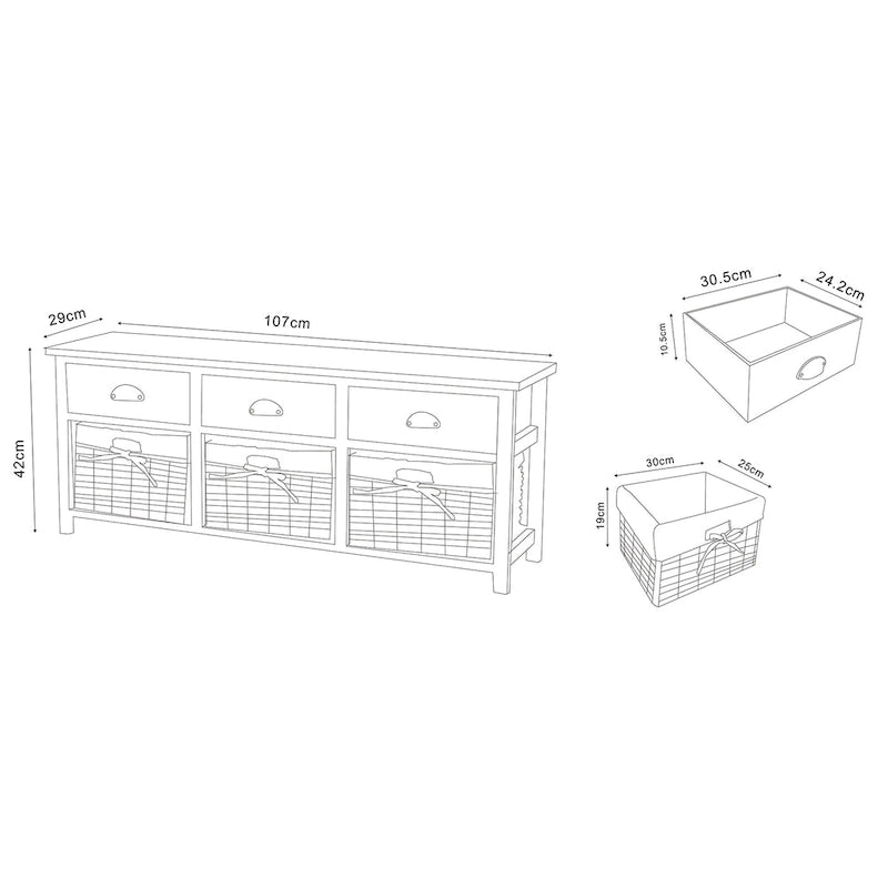 42" Storage Bench - 3 Drawers 3 Wicker Baskets - Paulownia Wood - Fully Assembled - Entryway Organizer - Natural Brown Grey