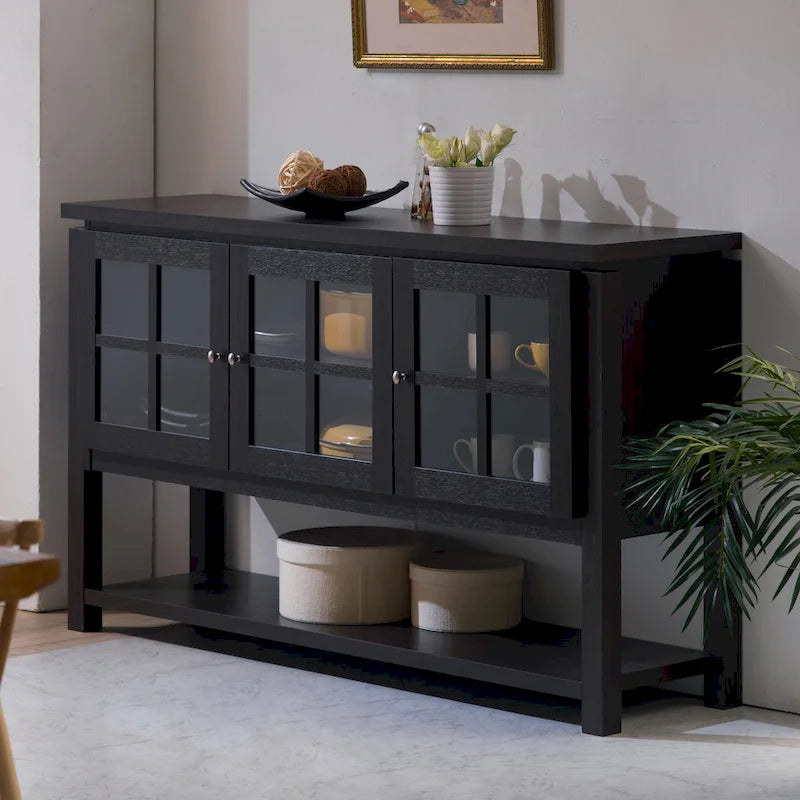 59" Modern Farmhouse Windowpane Cabinet Buffet - 3 Door Storage Sideboard with Shelves - Black/Walnut Finish - MDF Kitchen Dining Furniture