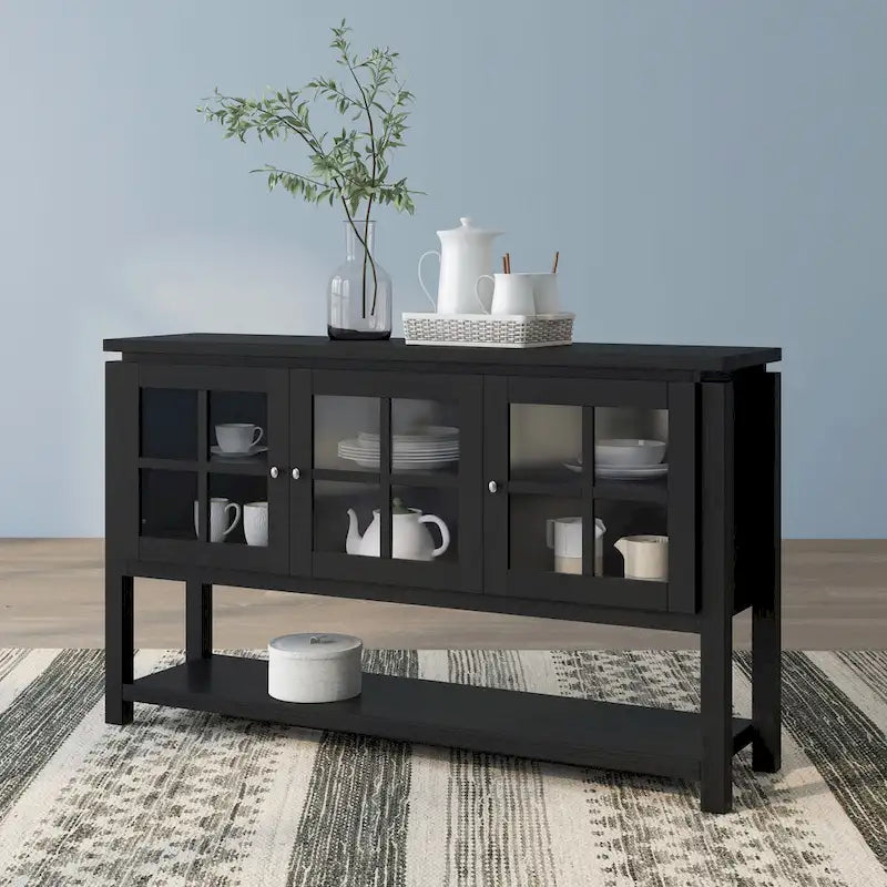 59" Modern Farmhouse Windowpane Cabinet Buffet - 3 Door Storage Sideboard with Shelves - Black/Walnut Finish - MDF Kitchen Dining Furniture