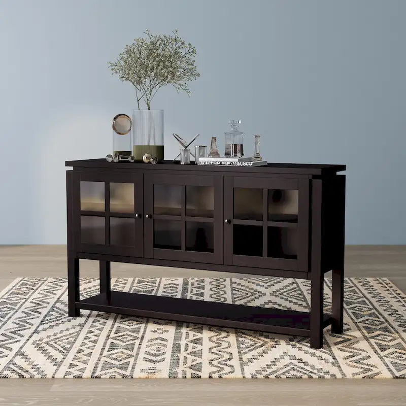 59" Modern Farmhouse Windowpane Cabinet Buffet - 3 Door Storage Sideboard with Shelves - Black/Walnut Finish - MDF Kitchen Dining Furniture
