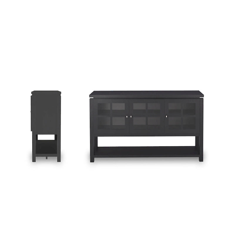 59" Modern Farmhouse Windowpane Cabinet Buffet - 3 Door Storage Sideboard with Shelves - Black/Walnut Finish - MDF Kitchen Dining Furniture