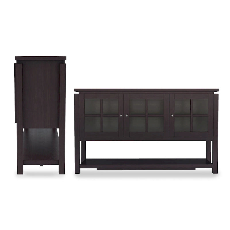 59" Modern Farmhouse Windowpane Cabinet Buffet - 3 Door Storage Sideboard with Shelves - Black/Walnut Finish - MDF Kitchen Dining Furniture