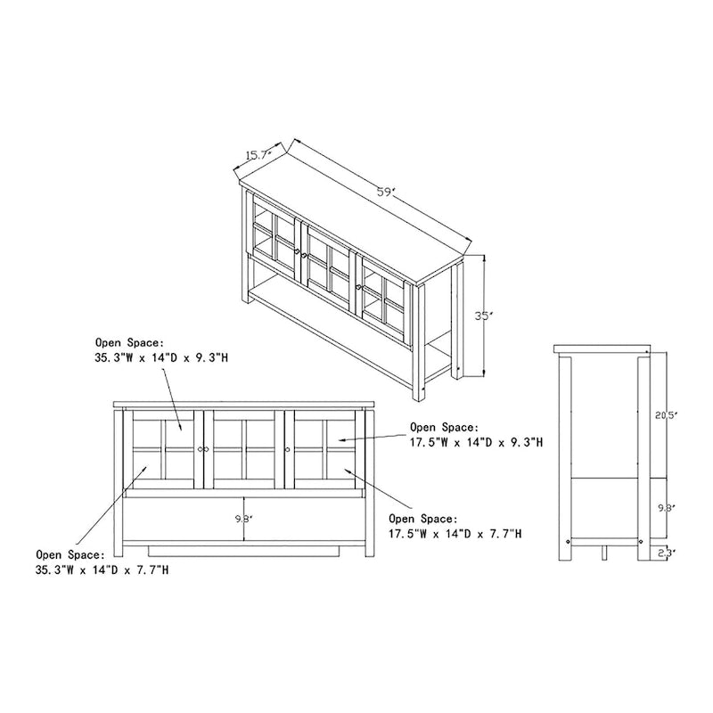 59" Modern Farmhouse Windowpane Cabinet Buffet - 3 Door Storage Sideboard with Shelves - Black/Walnut Finish - MDF Kitchen Dining Furniture