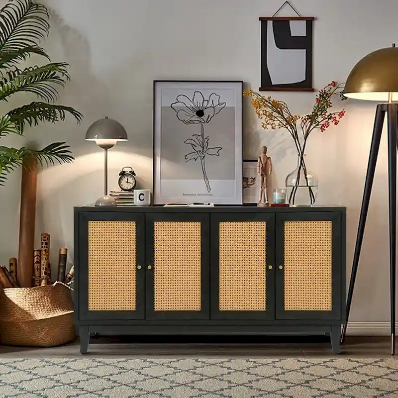 Rattan Sideboard Cabinet 59.84"W x 31.5"H - MDF Buffet with Adjustable Shelf, Wide Desktop Storage for Living Room Dining Room