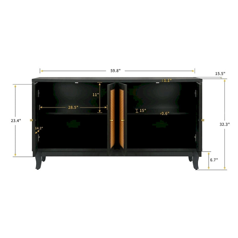 Rattan Sideboard Cabinet 59.84"W x 31.5"H - MDF Buffet with Adjustable Shelf, Wide Desktop Storage for Living Room Dining Room