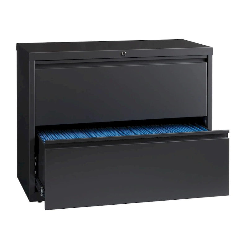 36" Wide 2-Drawer Lateral File Cabinet - Charcoal Metal with Lock, Anti-Tip System & Ball Bearing Slides, Fully Assembled