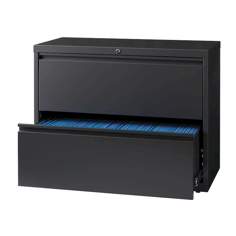 36" Wide 2-Drawer Lateral File Cabinet - Charcoal Metal with Lock, Anti-Tip System & Ball Bearing Slides, Fully Assembled